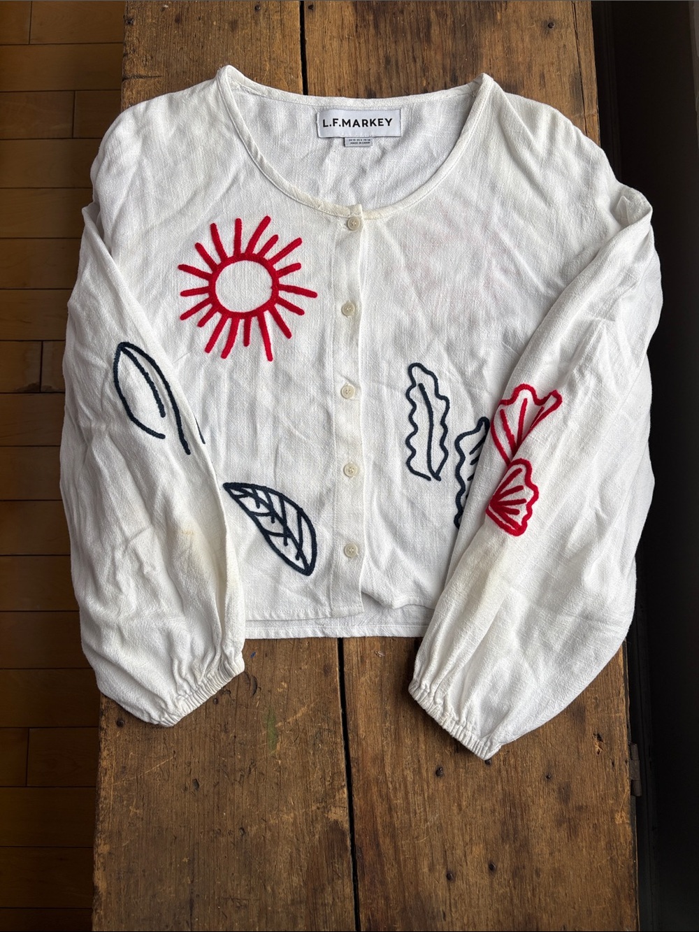 L.F. Markey White Embroidered Button-Front Top with Red & Navy Motifs